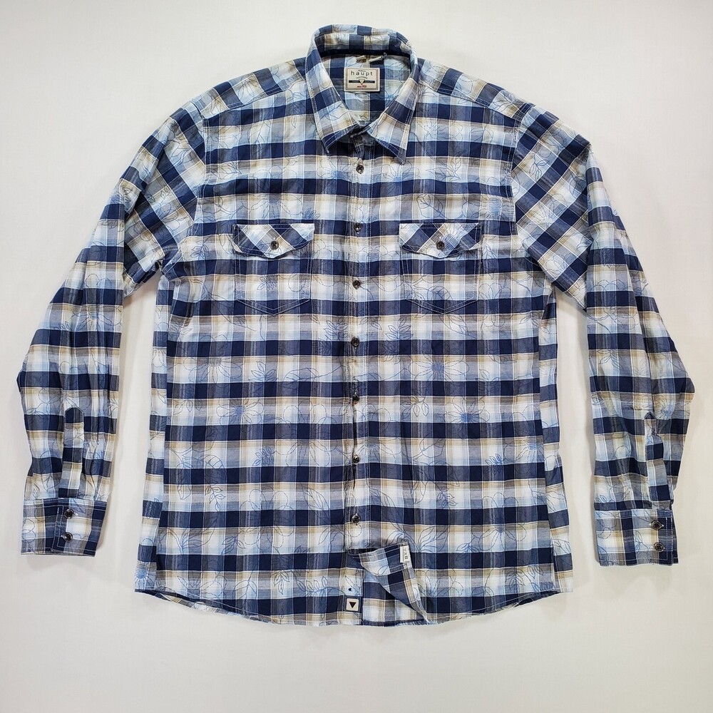 Haupt Shirt Men Large Multicolor Plaid Floral Embroidered Regular Fit Button Up